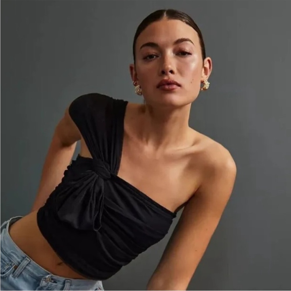 Maeve Anthropologie Tulle Bow Cropped Top One Shoulder Ruched Black XL